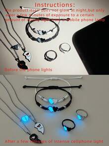 ATLVXJL 6件套夜光极简双心项链、手链、戒指首饰套装，休闲情侣配饰，适合日常佩戴和情人节礼物 - 彩色 - 查看 3