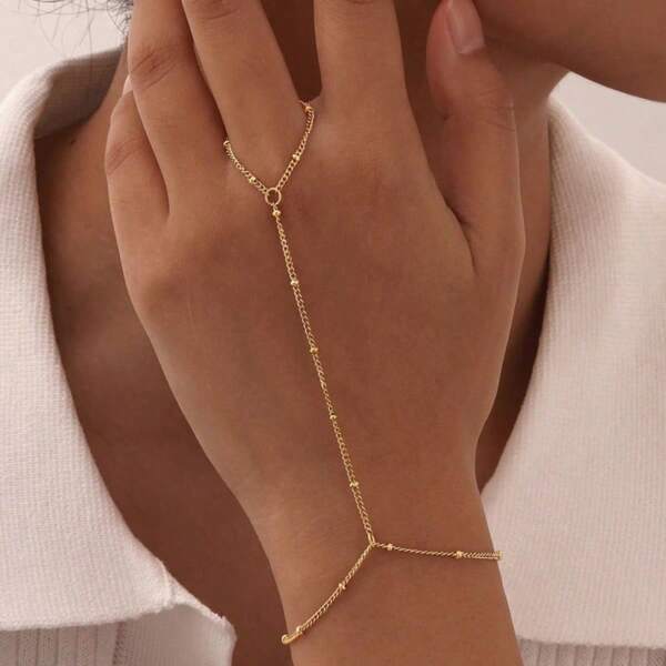 1pc Minimalist Fashion Metal Bead Chain Knuckle Ring (Hand-Cut Chain To Suitable Length, Random Bead Quantity)