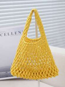 1 pieza Bolsa de malla de poliéster con base de punto de unicolor, ligera, espaciosa, diseño lindo y elegante, adecuada para mujeres, estudiantes, maestros como regalo, uso diario, viajes, todo el año - Amarillo - Ver 6