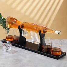 1 pieza Enfriador de vino de vidrio borosilicato con forma de rifle~ Medidas: 53 cm * 8 cm, Capacidad: 800 ML ~ Con vaso con forma de bala ~ Para vino tinto ~ Botella de whisky ~ Soporte para envase de cóctel y vino