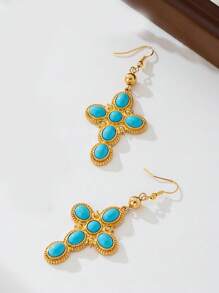 1 par de aretes con dije de cruz de aleación de oro con incrustación de turquesa verde, elegantes y adecuados para el Día de la Ascensión y uso diario de las mujeres