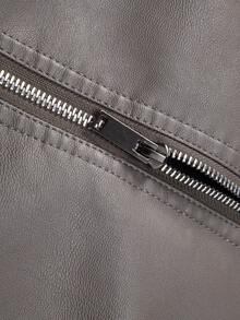 男士皮夹克休闲复古摩托车骑行夹克休闲夹克，羊毛 - 灰色 - 查看 5