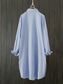 Women's Long Sleeve Drop Shoulder Shirt, Asymmetric Hem And Button Details, Non-Stretch Polyester Fabric - Blue - View 2