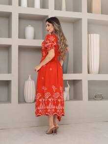 Vitoria Elegant Printed Midi Dress. Evangelical Short Sleeves - 橘色 - 查看 4