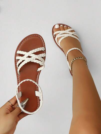 New Woven Criss-Cross Slip-On Flat Sandals, Casual Versatile Beach Shoes, Lightweight & Comfortable, Available In Brown, White, Black