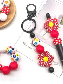 30 Silicone Beads, 15mm Printed Round Beads Paired With Loose Checkered Flower Spacer Beads, Suitable For Handmade DIY Jewelry Making, Bracelets, Necklaces, Keychains/Pen Beads, Mobile Phone Pendants, Bag Accessories, Birthday Gifts, And Gifts For Women.