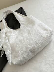 Korean Fresh Lace Flower Canvas Bag For Women New Large Capacity Shoulder Tote Bag Commuting Armpit Bag
