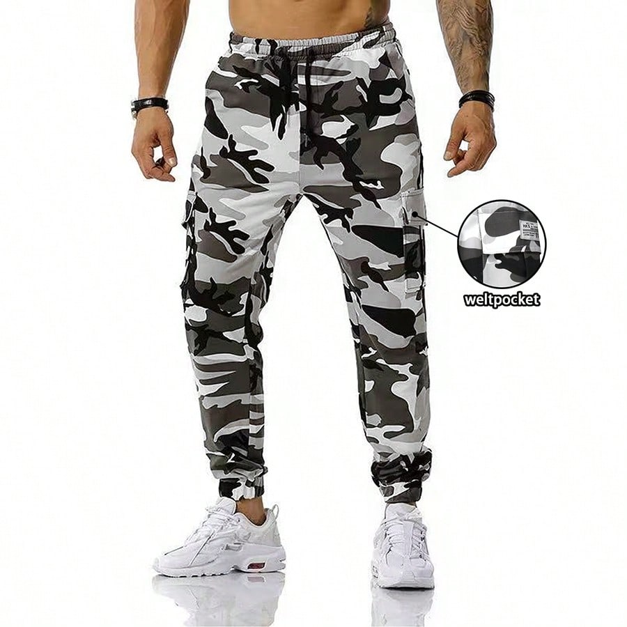 Pantalones cargo holgados y delgados para hombre con camuflaje, puños y múltiples bolsillos para uso al aire libre