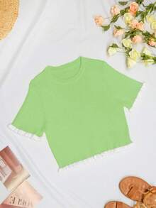 Women's Elegant Holiday/Graduation Knit Top, Casual Short Sleeve Cream Yellow Ruffle Hem Knit Pullover Sweater, Summer