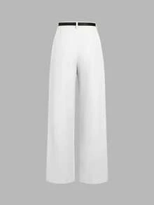 Mid-Waist Solid Color Elegant Straight-Leg Pants With Belt - White - View 4