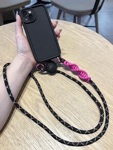 1 Set Handwoven Contrast Color Shoulder Strap Phone Case, Shockproof Soft Cover Compatible With IPhone 11 12 13 14 15 16 17 Pro Max - Rose Red and Black Long Rope + Mobile Phone Case - View 3