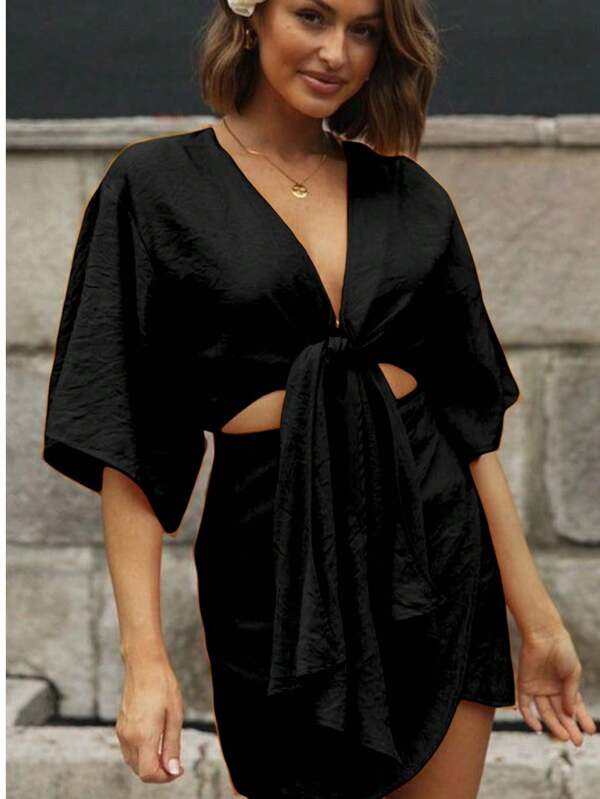 Women's Casual V-Neck Tie-Up Sexy Street-Style Summer Dress, With Waist Hollow Design And Irregular Crossed Hem, Suitable For Holiday Travel
