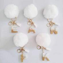 Christmas Festival Gifts Home Decorations-White Initial Letter Keychain With Soft Fluffy Fur Ball Pom-Pom Women Sweet Bag Purse Charm A-Z 26 Letter Pendant