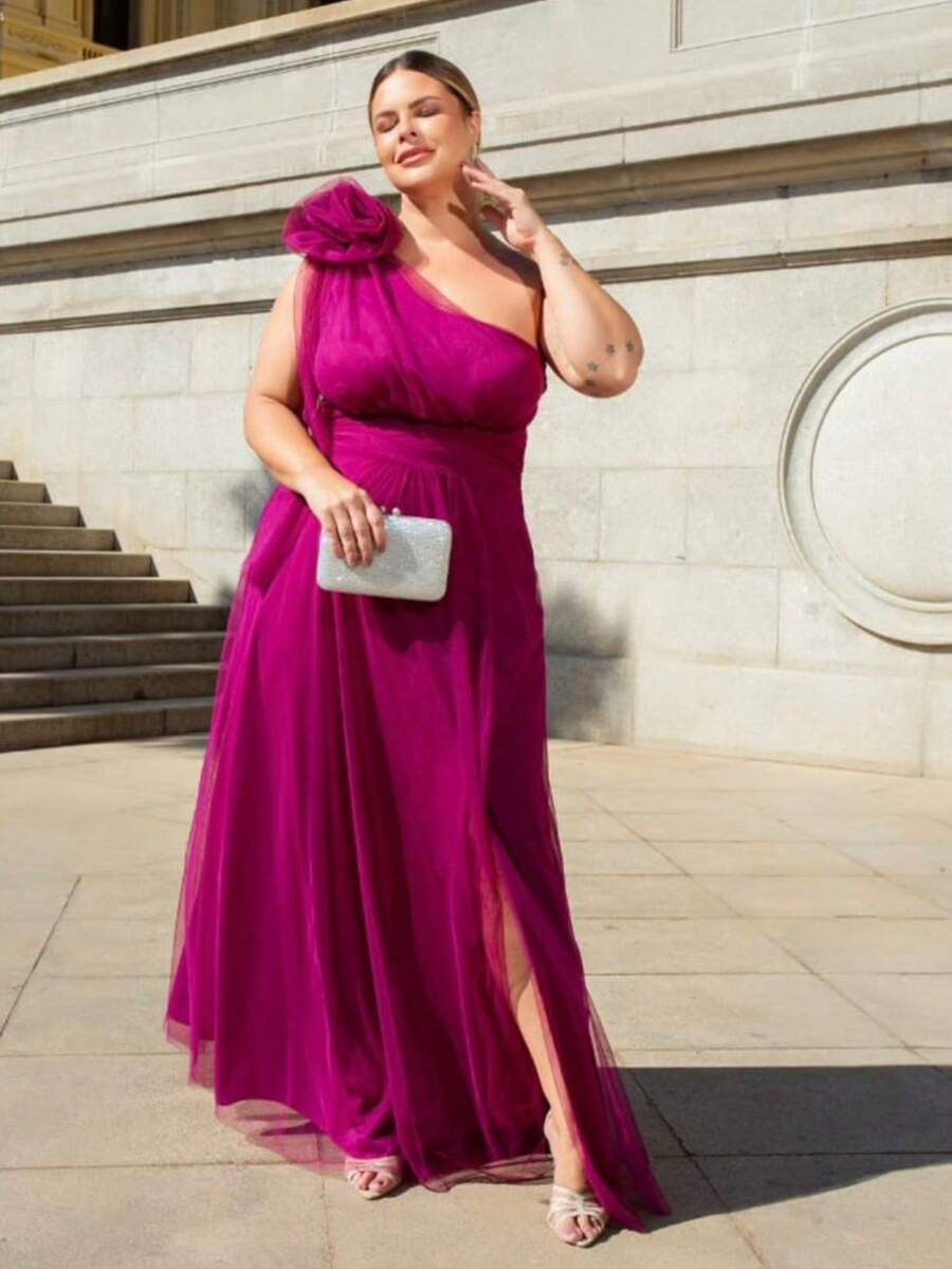 LONG WEDDING PARTY DRESS FOR GODMOTHER IN TULLE WITH FLOWER ON THE SHOULDER - FUCHSIA - View 1