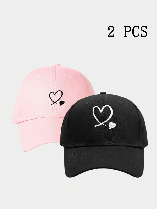 2pcs Embroidered Double Heart Baseball Cap, Breathable Adjustable Golf Sun Hat For Men & Women, Fashionable Curved Brim Sunhat, Suitable For Outdoor, All Seasons