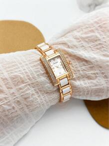 SUNLIFEX 1pc Square, Embellished With Diamonds, Exquisite, Fashionable, Elegant, Rose Gold, Women's Quartz Watch, Minimalist, High Quality, Gift For Women.