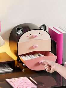 Cute Cartoon Pig Cosmetic Storage Box, Multi-Functional Desktop Makeup Organizer For Bedroom Vanity, Home Decor - Multicolor - View 2