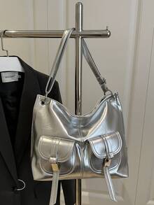 Vintage High-End Oil-Waxed Leather Tote Bag, Chic&Versatile, Large Capacity Casual Shoulder & Crossbody Bag For Women - Silver - View 10
