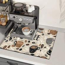 1 pieza Alfombrilla absorbente para secar platos en la encimera de la cocina con estampado de taza de café, esconde las manchas, base de silicona suave antideslizante