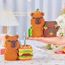 新款 Capybara 拼装积木笔筒，创意组装，可用作桌面装饰和笔筒，合理的节日礼物，适合返校、桌面办公和学习用品 - 彩色 - 查看 3