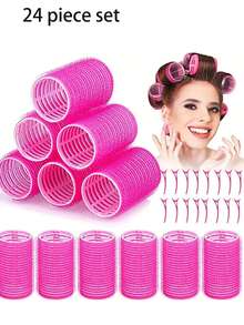 24 个自粘式卷发器套装，配有折叠梳子和发夹 - 沙龙级卷发器，适合中短发，打造美丽的波浪和卷发。, 返校、旅行度假必需品、女士发饰