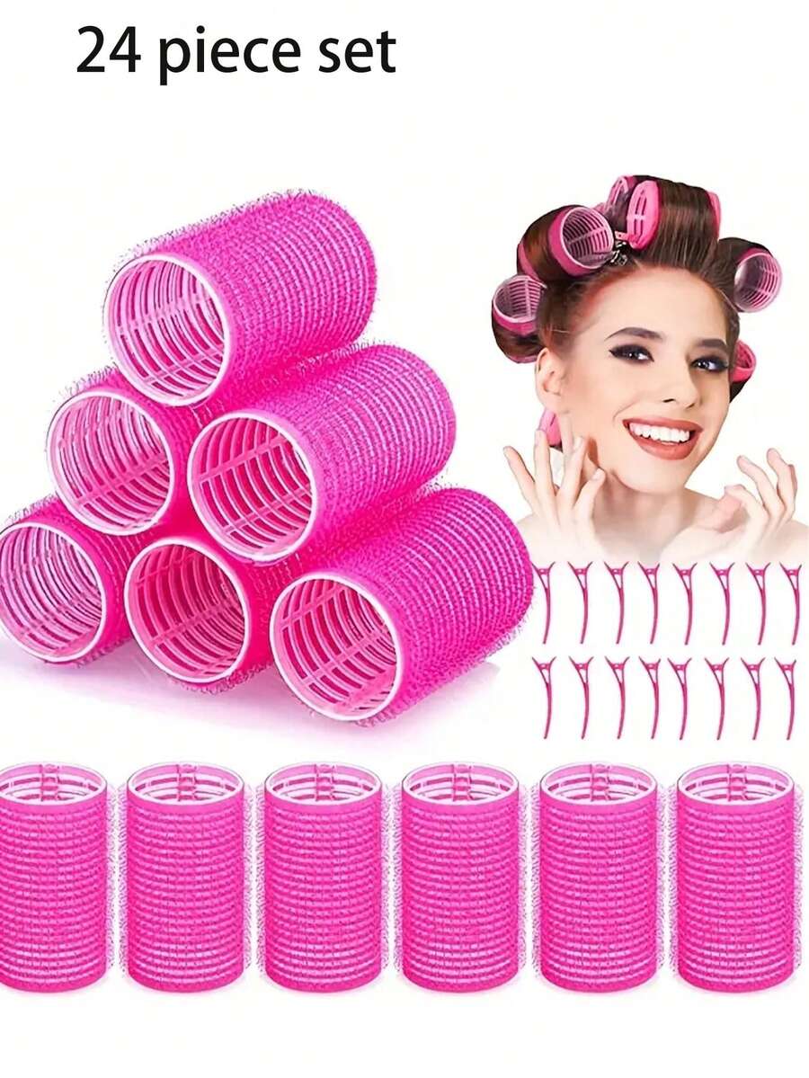 24 个自粘式卷发器套装，配有折叠梳子和发夹 - 沙龙级卷发器，适合中短发，打造美丽的波浪和卷发。, 返校、旅行度假必需品、女士发饰