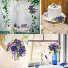 25pcs Purple Artificial Rose Flowers Set With 2pcs Leaves, Realistic Roses On Stems, For DIY Wedding Bouquet, Party, Home Decor