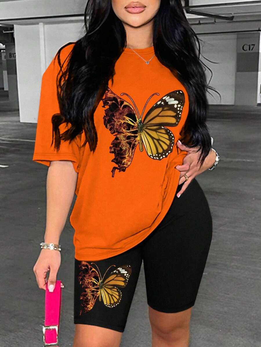 大码蝴蝶印花套装、休闲短袖T恤和紧身短裤，女士服装 - 橘色 - 查看 1