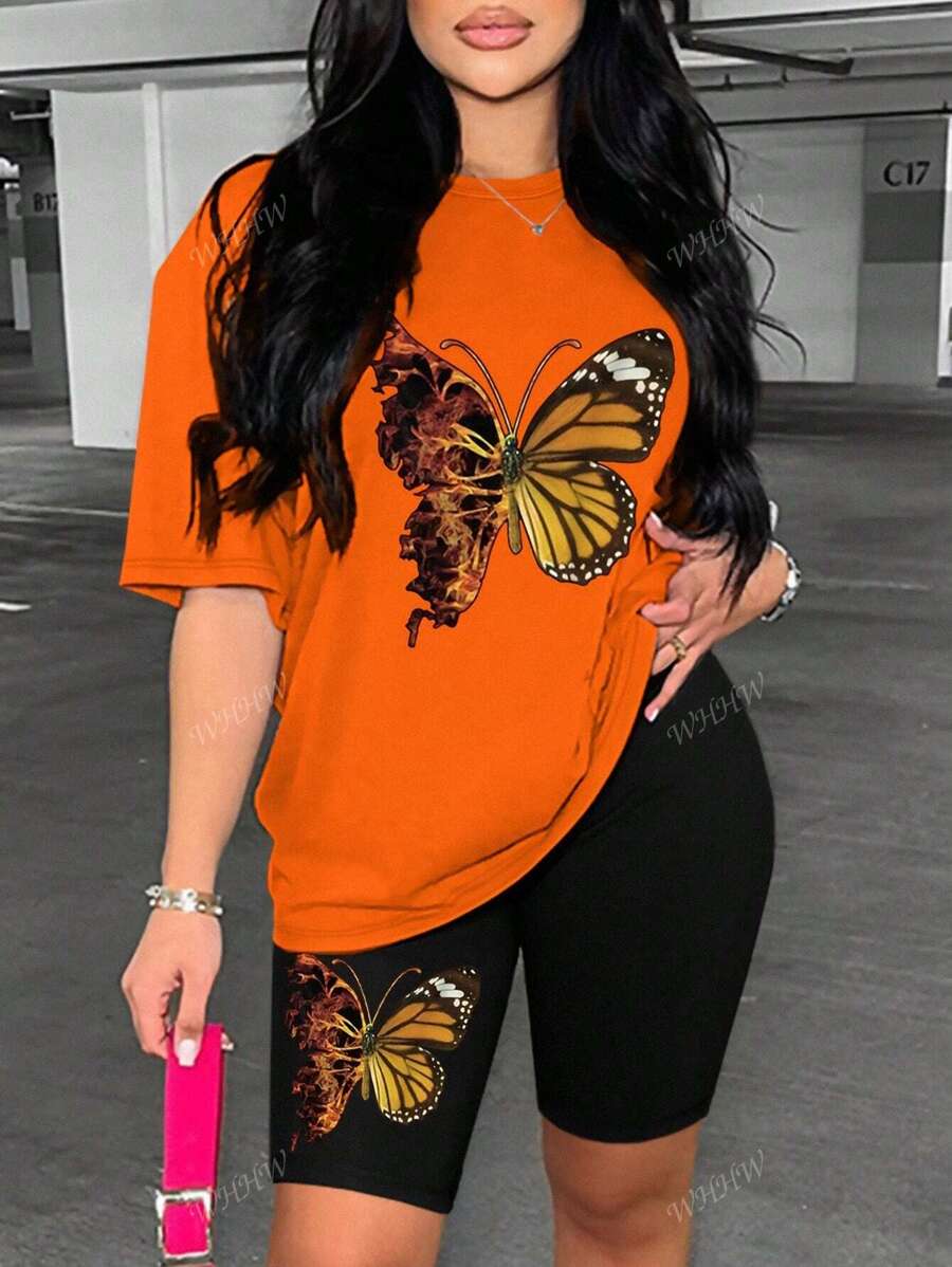 Plus Size Butterfly Printed Suit, Casual Short-Sleeved T-Shirt And Tight Shorts, Women's Clothing