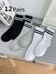 12双/6双/3双男童女童条纹长袜，黑白灰，学院风，适合青少年穿着的长筒袜 - 彩色 - 查看 15