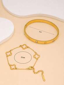 Brazaletes de acero inoxidable abiertos enchapados en oro de 18k, con circonita cúbica de lujo y coloridos, impermeables y de moda para mujer - Conjunto de dos piezas - Ver 3