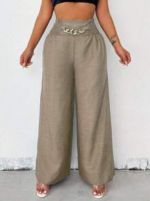 Women's High-Waisted Wide-Leg Pants With Gold Chain | Linen Style | S To L | New Release - 杏色 - 查看 1