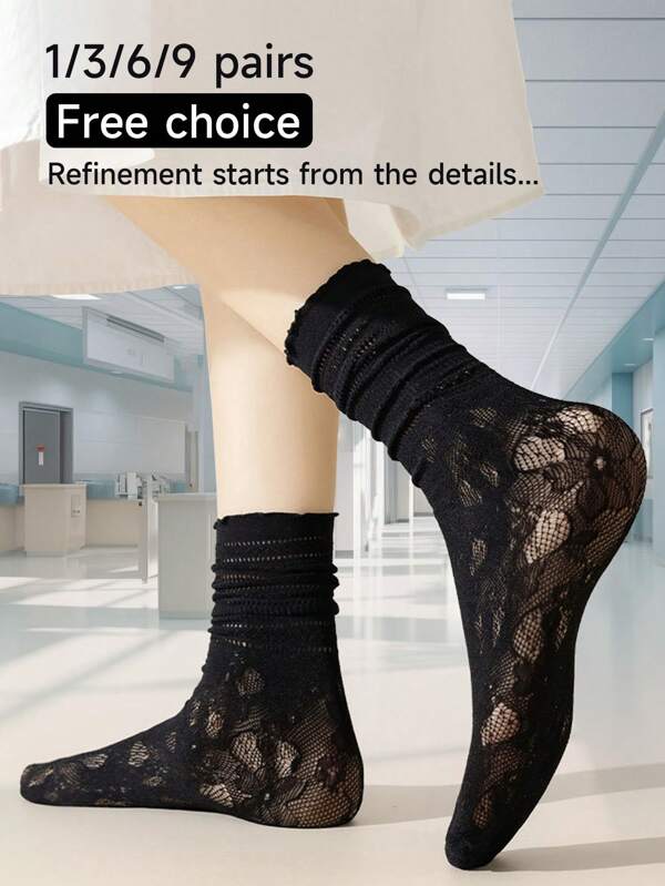 1/3/6/9 Pairs Women Lace Design Hollow Out Summer Sandal Socks, Thin Lace Decor Mid-Calf Socks, Cooling Lace Socks For Female Students