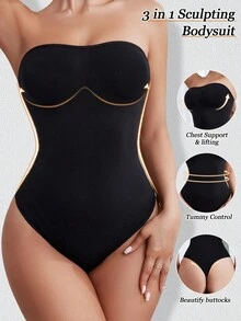 Black Thong Shapewear For Women Tummy Control Strapless Bodysuit Seamless With Button Body Suit - Black - View 1