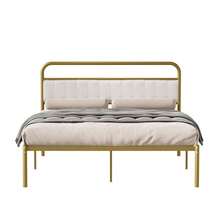 Metal Steel Platform Bed Frame With Upholstered Headboard Cushion (Queen Size) - Gold-974 - Multicolor - View 3