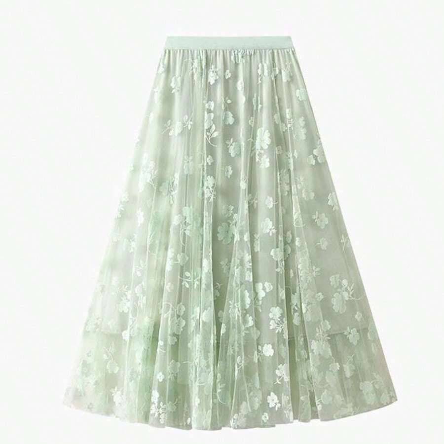 Long Embroidered Tulle Skirt - Light And Romantic, 100% Polyester - Green - View 1