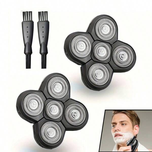 2Pcs Universal 5-Blade Shaver Replacement Heads With 2Pcs Dual Head Brush, Electric Shaver Replacement Blades, Bald Head And Face Electric Shaver Replacement Heads