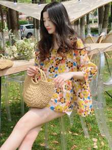 YUXIN 夏季新款宽松甜美七分袖圆领娃娃衫，时尚蝙蝠袖碎花衬衫 - 彩色 - 查看 6