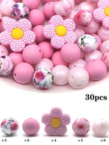 30 Silicone Beads, 15mm Printed Round Beads Paired With Loose Checkered Flower Spacer Beads, Suitable For Handmade DIY Jewelry Making, Bracelets, Necklaces, Keychains/Pen Beads, Mobile Phone Pendants, Bag Accessories, Birthday Gifts, And Gifts For Women.