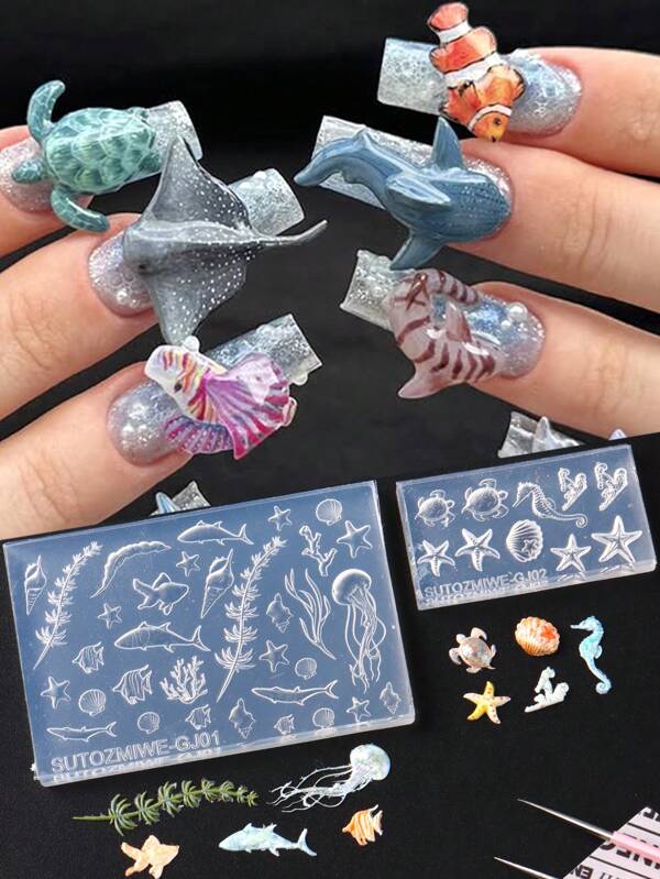 Relevo Azul Oceano Água-viva Golfinho Peixe Estrela-do-mar Concha Arte de Unhas Estêncil Molde de Silicone Escultura Mundo Subaquático Algas Marinhas Verão Molde de Unhas Férias no Havaí Placa de Carimbo Ferramenta de Arte de Manicure Suprimentos para Unhas