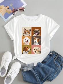 dama mujer joven juvenil moda chopis playera cuello redondo manga corta diseño perritos Fresca gym suave primavera verano jardín casual viaje - Blanco - Ver 2