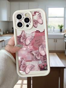 1 pieza Funda de teléfono gruesa y a prueba de golpes con diseño de agujero para lente y patrón de collage de mariposa y periódico, compatible con iPhone 11 Pro Max, 12 Pro Max, 13 Pro Max, 14 Pro Max, 15 Pro Max, 16 Plus, 16 Pro Max, 16E, Galaxy A55, A15, S24 Ultra, Redmi, OPPO, Realme, VIVO, Infinix, Honor, MOTO, One Plus a prueba de agua y resistente a arañazos - Blanco - Ver 3
