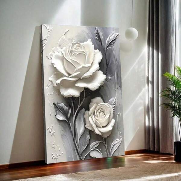 1 pezzo Elegante opera d'arte su tela con rosa bianca, pittura su tela, decorazione per la casa, decorazione per stanza, opera d'arte da parete, con opzione di cornice