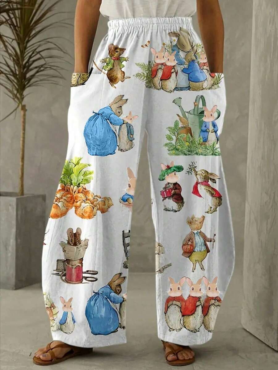 Women's Vintage Rabbit Print Wide Leg Pants - Casual, Stretchy Polyester Blend, Machine Washable, Thicker Fabric - 白色 - 查看 1
