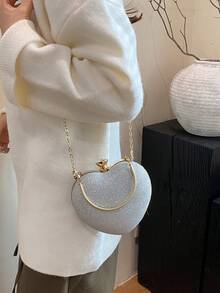 1件全新独特设计闪亮心形戒指手提包，带链条，时尚单肩/斜挎包，适合约会、休闲外出、情人节，个性化奢华晚宴手拿包 - 銀色 - 查看 8