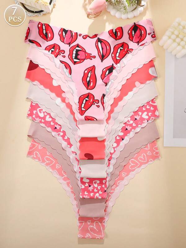 7pcs/Pack Women's Sexy & Comfortable Floral Print Seamless Panty Sets With Wave Hem, Pink Tones