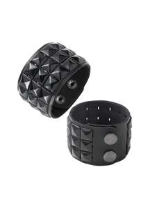 Yanxyad 1/2Pcs Studded Bracelet PU Leather Punk Bracelet For Men Women, 80s Wristband Goth Punk Rock Bracelet, Black/Silvery Punk Rock Style Three Rows Square Studs Faux Leather Bracelet Cuff Bangle Unisex Bracelets For Party Favors Bracelet & Gift