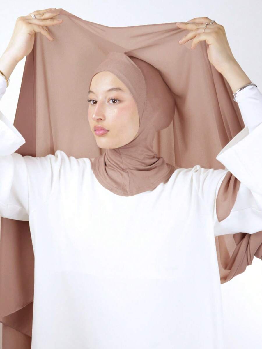 1set Women Classic Casual Instant Chiffon Hijab, Solid Scarf, Solid Color Soft & Breathable Modal Material, Versatile Neck Wrap/Head Scarf Combo, Suitable For Everyday Wear For Dress,Holiday,Travel Essential