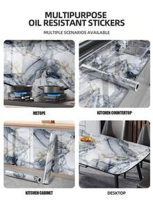 1 卷可移除铝箔仿大理石接触纸，防水、防油、哑光白色，适用于浴室、厨房、宿舍、卧室、背景墙装饰、自粘乙烯基壁纸房间装饰家居装饰壁纸墙纸墙贴墙贴厨房配件厨房用品厨房装饰 - 灰藍 - 查看 7