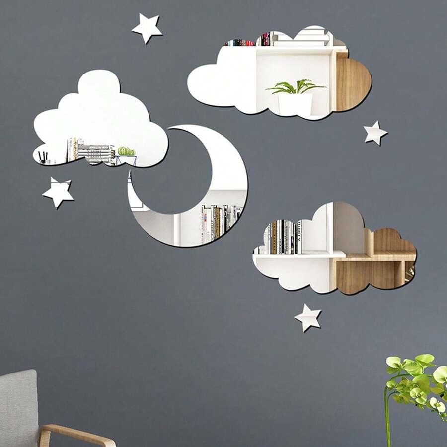 Moon, Star & Cloud Acrylic Wall Stickers, Self-Adhesive Mirror Wall Decal Art Decoration